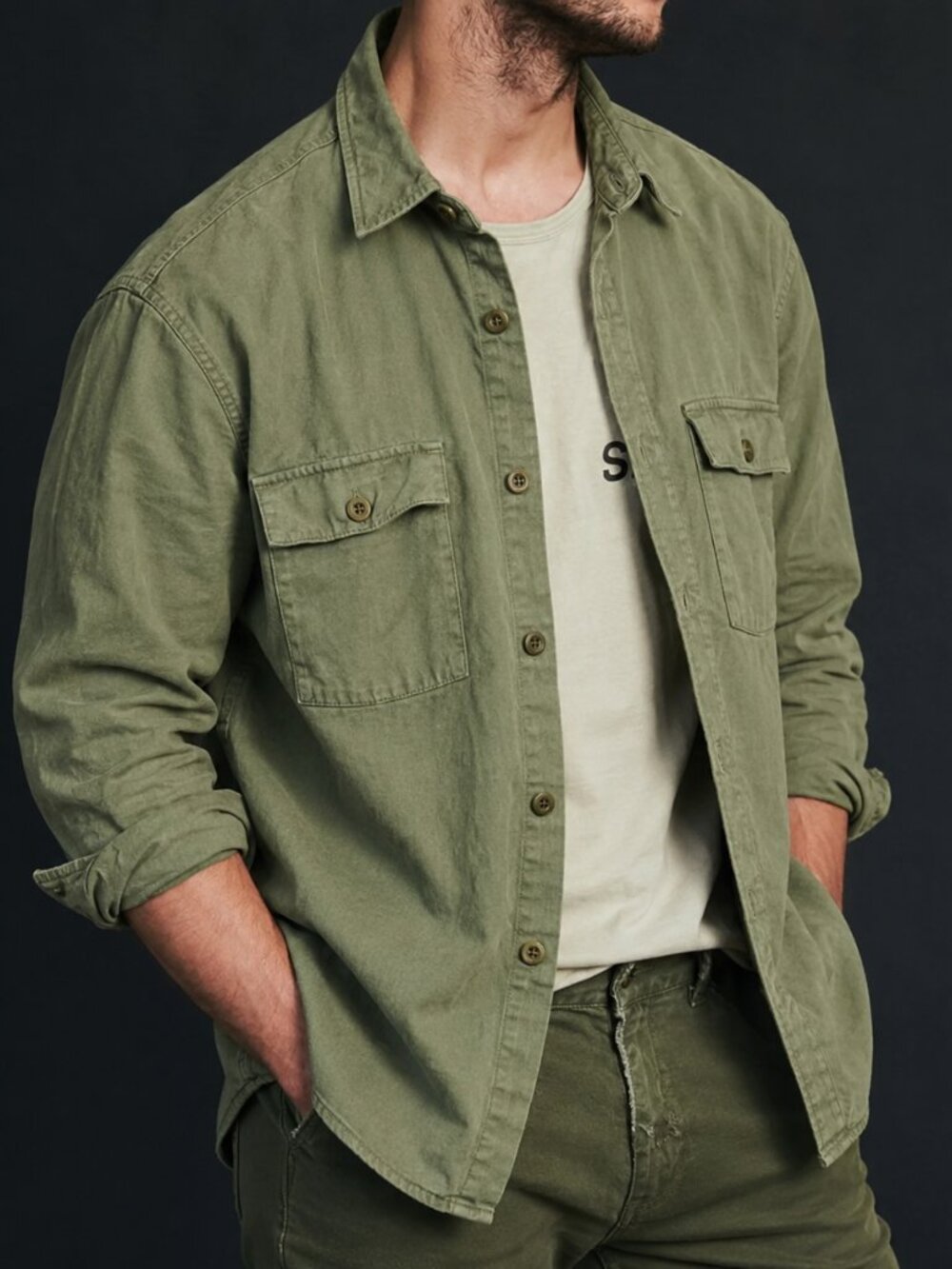 John Elliott Olive Green Casual Button-Down Shirt